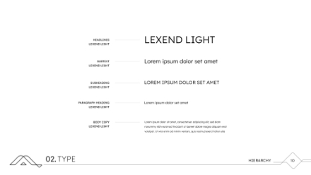 Text-based slide displaying font hierarchy using Lexend Light. Includes examples for headlines, subheads, subheading, paragraph heading, and body copy with placeholder text. Decorative lines and icons are along the bottom.