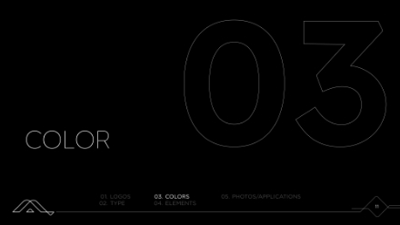 A black slide with the word COLOR on the left and a large, outlined number 03 on the right. Navigation text at the bottom highlights 03. COLORS among other menu options.