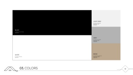 A color palette with four swatches labeled Black, White, Light Gray, Gray, and Beige, each showing their RGB, HEX, and Pantone values, arranged in a minimalist design layout.