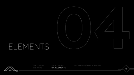 A black slide with the large, outlined number 04 in the background. The word ELEMENTS is written in thin, white capital letters. A navigation bar at the bottom lists: LOGOS, TYPE, COLORS, ELEMENTS, PHOTOS/APPLICATIONS.