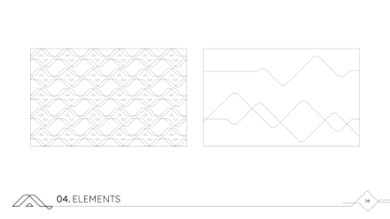 Two geometric line patterns on a white background; the left rectangle shows a repeating overlapping wave design, while the right rectangle shows large, intersecting wavy lines. Text below reads 04. ELEMENTS with decorative lines.