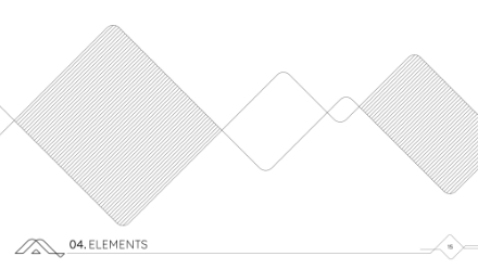 Minimalist graphic with overlapping outlined diamonds connected by a thin line, labeled 04. ELEMENTS at the bottom left, and a small page number 15 at the bottom right.