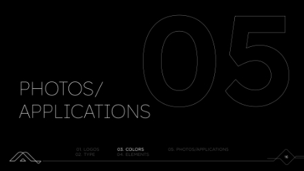 A black slide with large, outlined number 05 and the text PHOTOS/APPLICATIONS on the left. A small navigation bar at the bottom highlights 03. COLORS. Minimal, modern design.