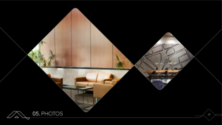 Two diamond-shaped images show modern interiors: one features tan sofas and plants in a lounge area; the other displays a dining area with tables, chairs, and a graphic wall design, all set against a black background.