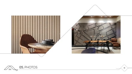 Two modern interior photos: one shows a brown chair and table with a vertical wooden slat wall; the other features a dining area with a map-patterned wall, chairs, and a sofa in a contemporary setting.