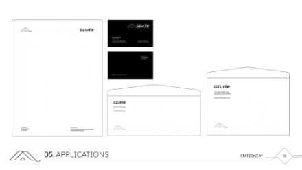 Black-and-white branding mockup showing letterhead, business cards, and envelopes for “azurite” with minimalist logos and clean typography, labeled as “05. Applications” in a design presentation.