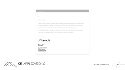 Screenshot of an email signature example labeled 05. Applications. The signature includes the Azure logo, contact details, and branding elements on a white background. Page number 20 shown at the bottom right.