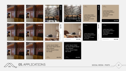 A grid of social media post mockups featuring modern interior designs, neutral backgrounds, abstract lines, and placeholder text, showcasing different styles and color palettes for application branding.