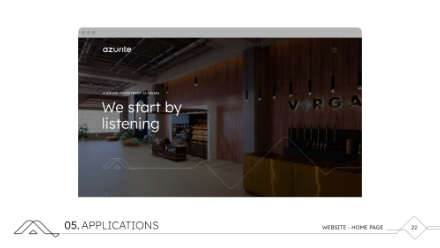 A website homepage for azurite displays the text We start by listening over a photo of a modern office lobby with wood paneling and the letters VIRGA on the wall. The slide is labeled 05. APPLICATIONS.