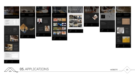 A series of website mockup pages with dark backgrounds and various layouts, displaying images, text, and navigation menus. The slide is labeled 05. APPLICATIONS in the bottom left corner.