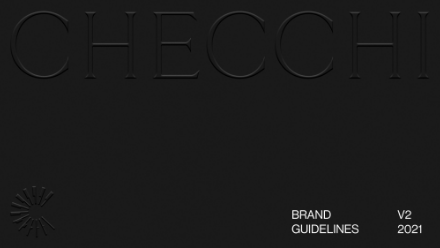 Black cover page with large embossed text CHECCHI at the top, a small sunburst logo bottom left, and BRAND GUIDELINES V2 2021 in small white text at the bottom right.