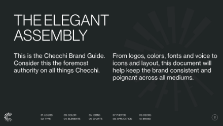A dark-themed slide titled The Elegant Assembly, introducing the Checchi Brand Guide. The text highlights the guides authority on logos, colors, fonts, icons, and brand consistency. Subtle sunburst graphic in background.