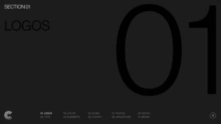 A dark minimalist slide with SECTION01 and LOGOS at the top left, a large translucent 01 on the right, and a horizontal navigation bar with numbered sections at the bottom.