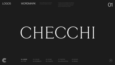 The word CHECCHI appears in large, elegant white serif letters centered on a black background, with smaller white text and navigation options around the edges.