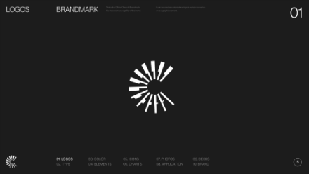 A white abstract circular logo made of radiating thick and thin lines on a black background, displayed on a minimalist design page titled LOGOS BRANDMARK.