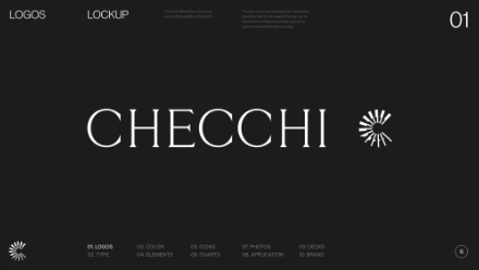 White serif text CHECCHI centered on a black background, with a circular, radiating line graphic to the right. Smaller white text and menu options are visible at the top and bottom edges.