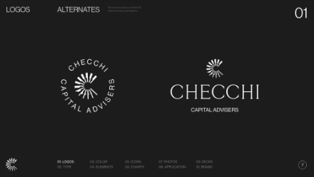 Two alternate logos for Checchi Capital Advisers are shown on a black background. The left logo is circular with a radiating sunburst; the right logo is linear with the sunburst above the company name in elegant white text.