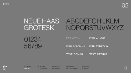 A gray slide showcases the Neue Haas Grotesk typeface with uppercase letters, numbers, and style options like Display Thin, Display Roman, Display Medium, Text Roman, and Text Medium. White text and labels are shown throughout.