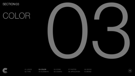 A dark background with SECTION 03 at the top left, COLOR below it, and a large, semi-transparent 03 in the center. A small sunburst icon and a row of navigation labels appear at the bottom.