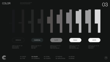 A dark-themed color palette guide showing vertical color bars labeled obsidian, charcoal, slate, shale, and white, each with hex, RGB, and PMS color codes below the bars. COLOR and 03 appear in the corners.