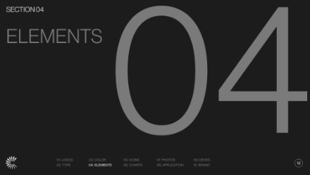 A dark slide with SECTION 04 at the top, ELEMENTS in large text, and a big, faded number 04 in the background. A horizontal menu with sections is along the bottom.
