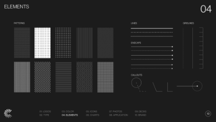 A black background with white graphics showing various patterns, lines, and gridlines under ELEMENTS. Patterns are in rectangles; lines and gridlines are shown with labels. Menu items appear at the bottom. Page number 04 is in the top right.