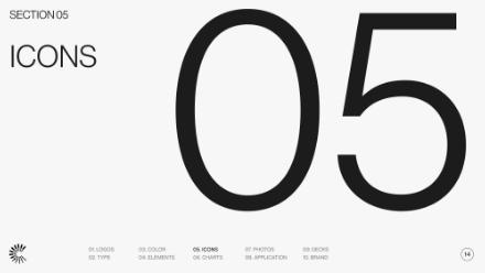 A minimalist slide with SECTION 05 in the top left, a large 05 in the center, and ICONS in bold to the left. A small navigation menu and circular logo appear along the bottom edge.