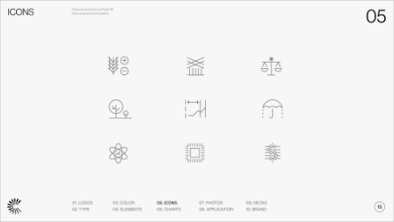 A grid of twelve minimalist, line-drawn icons on a white background, including symbols such as a column, wheat, scales, tree, bridge, umbrella, atom, microchip, and abstract designs. ICONS and 05 are labeled at the top.