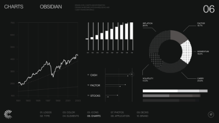 A dark-themed dashboard with various white graphs, including a line chart, bar chart, donut chart, and horizontal bar chart, showing financial data breakdowns and trends. The number 06 is displayed in the top right corner.