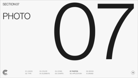A minimalist slide titled SECTION 07 features the word PHOTO and a large 07 in bold black text on a white background, with a small circular logo and navigation menu at the bottom.
