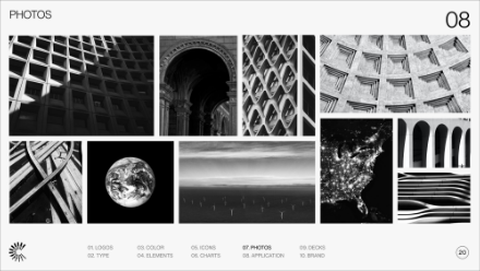 A collage of seven black and white photos featuring geometric architectural details, the Earth from space, offshore wind turbines at sea, and a nighttime aerial view of a continent lit by city lights.