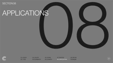 A gray slide labeled SECTION 08 with the word APPLICATIONS and a large, transparent number 08 in the background. A horizontal menu of section titles appears along the bottom edge.