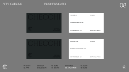 Slide showing business card designs for “CHECCHI CAPITAL ADVISERS,” with two dark cards on the left and two white cards with contact info on the right. The slide header reads APPLICATIONS BUSINESS CARD 08.