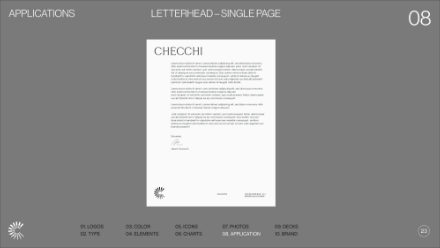 A gray design template titled LETTERHEAD – SINGLE PAGE features a sample letterhead for CHECCHI centered on the page, with numbered categories listed at the bottom and the number 08 in the top right corner.