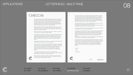 Two-page letterhead design mockup labeled CHECCHI with placeholder text on both pages, gray background, and circular logo at the bottom left of each page. Top header reads LETTERHEAD - MULTI PAGE and APPLICATIONS.