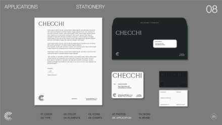 A stationery design mockup on a gray background features a letterhead, envelope, and business cards, all branded with the name CHECCHI in a modern, minimalist black and white style.
