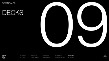 Black background with large white text 09 in the center. At the top, small text reads SECTION 09 DECKS. Along the bottom, a menu lists options like 01 LOGOS, 02 TYPE, and others in small white font.