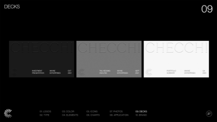 Three side-by-side rectangles in black, gray, and white shades, each with the word CHECCHI and small text below. The number 09 appears in the top right. A navigation menu is at the bottom.