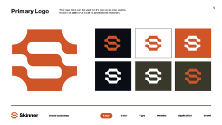 Six variations of the Skinner logo, featuring a bold, stylized orange S shape on different backgrounds: white, black, and olive green. Primary Logo and usage notes appear at the top left.