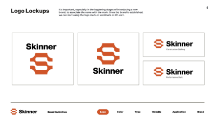 Three variations of the orange Skinner logo with the name “Skinner,” including full text, mark only, Construction Staffing, and Performance Built taglines, displayed on a white background with branding guidelines.