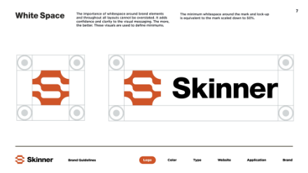 Two diagrams show the Skinner logo with precise white space guidelines, illustrating minimum spacing around the logo mark and lock-up, with explanatory text about the importance of whitespace in branding.
