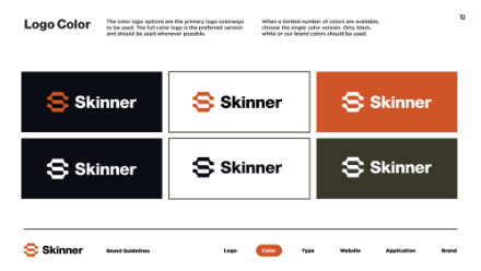 Six variations of the Skinner logo are shown in different color schemes, including dark, white, orange, and black backgrounds, illustrating the brands logo color guidelines.