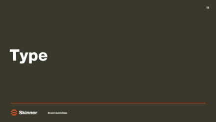 A dark background with the word Type in large white text on the left. The Skinner logo and Brand Guidelines appear at the bottom left, with an orange line running across the bottom. Page number 13 is in the top right corner.