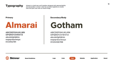 Typography guidelines featuring Almarai as the primary font and Gotham as the secondary/body font, each displaying uppercase, lowercase, and numbers. Brand name Skinner appears at the bottom.