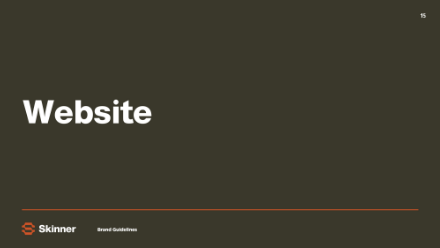 A dark olive slide with the word Website in large white text. The bottom left corner shows the Skinner logo and Brand Guidelines. The number 15 is in the top right corner.
