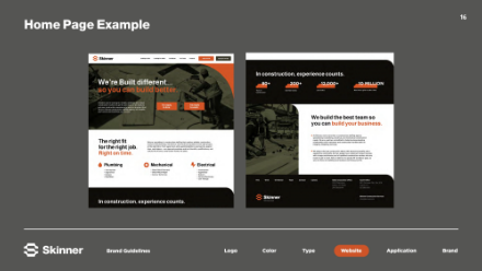 Two website homepage mockups with construction themes are displayed side by side on a gray background. Navigation tabs below read: Skinner, Brand Guidelines, Logo, Color, Type, Website, Application, and Brand.