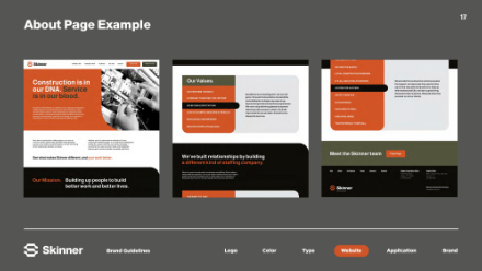 Three website mockups on a gray background show an About Page Example for Skinner, highlighting mission, values, and team information in orange, black, and white tones.
