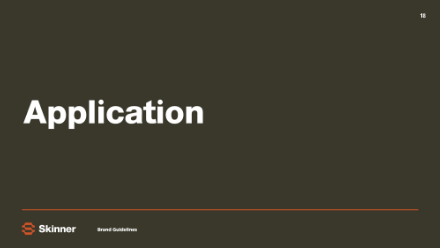 Slide with a dark background. Large white text reads Application. The Skinner logo and the words Brand Guidelines appear at the bottom left, and the page number 18 is in the top right corner.