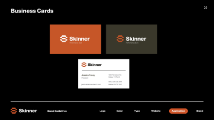Three business card designs for Skinner Networks SUL are shown: two with dark backgrounds (one brown, one orange) and one with a white background featuring contact details for Jessica Toney, President.