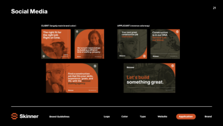 Screenshot of a social media branding guide for Skinner, showing five sample post designs for clients and applicants, each with images, bold text, and the Skinner logo, using orange, black, and gray color schemes.